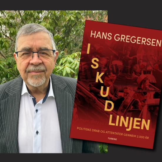 Foto af Hans Gregersen og bogen I skudlinjen 