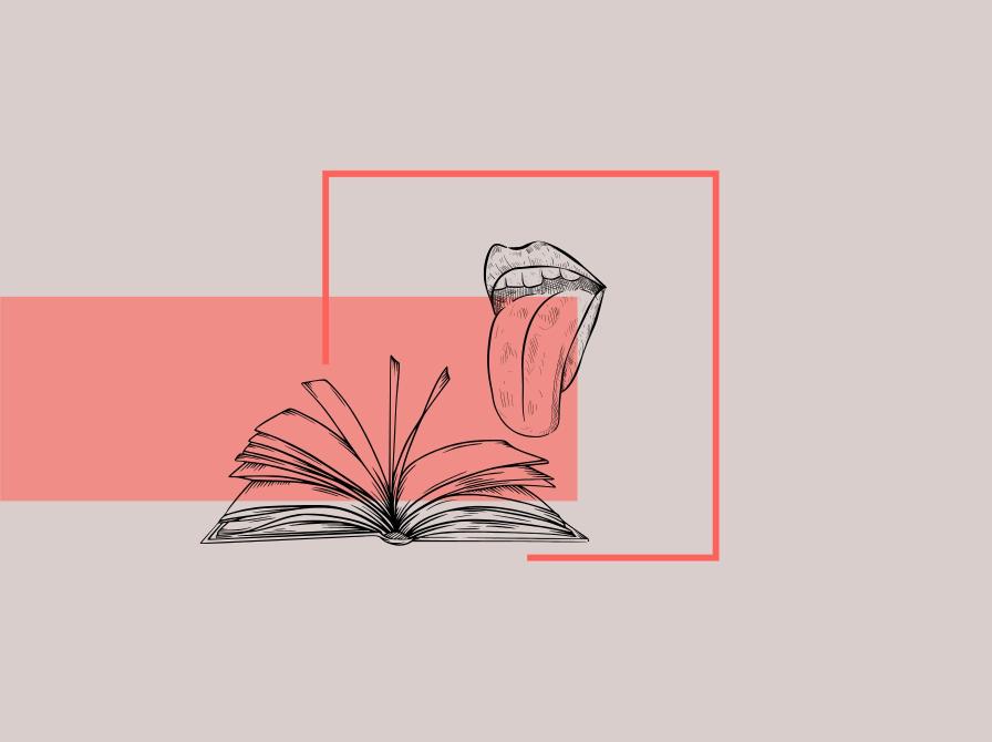 Illustration med en åben mund som slikker en åben bog. 